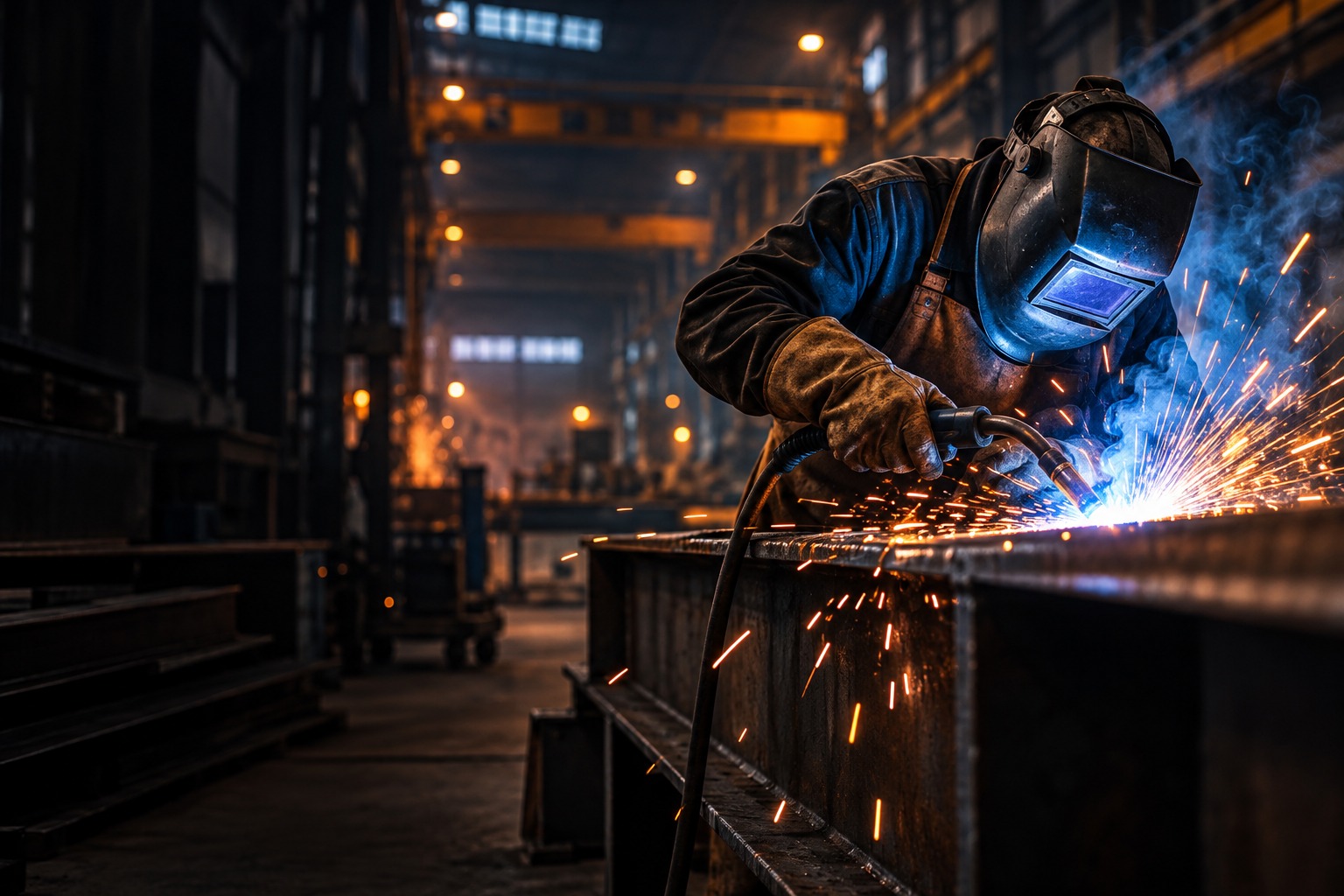 Illustrative image of a welder working in an industrial fabrication shop